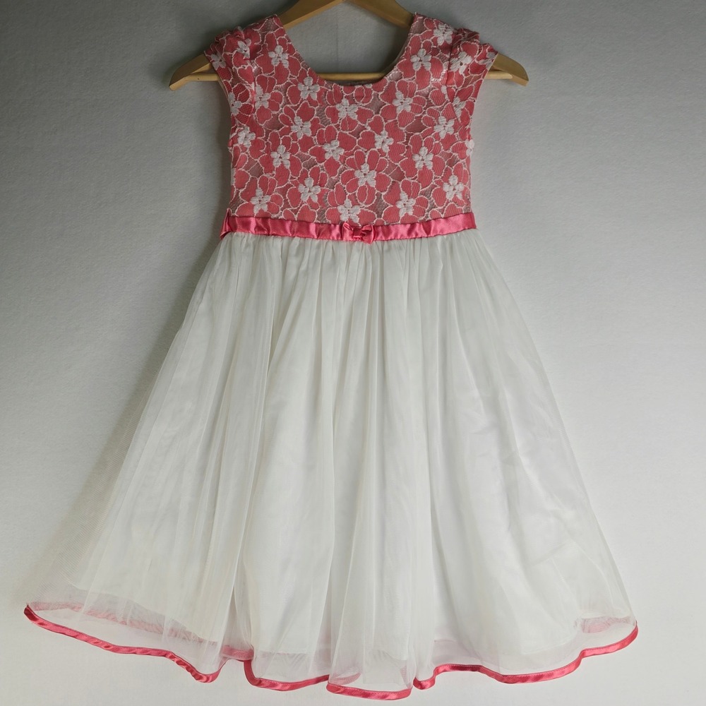 Jona Michelle Girls Pink Floral Lace Tulle Special Occasion Dress Size 7 CO2690